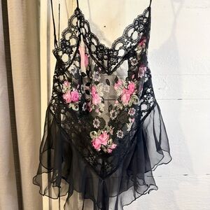 Elegant Black and Pink Lace Floral Chemise